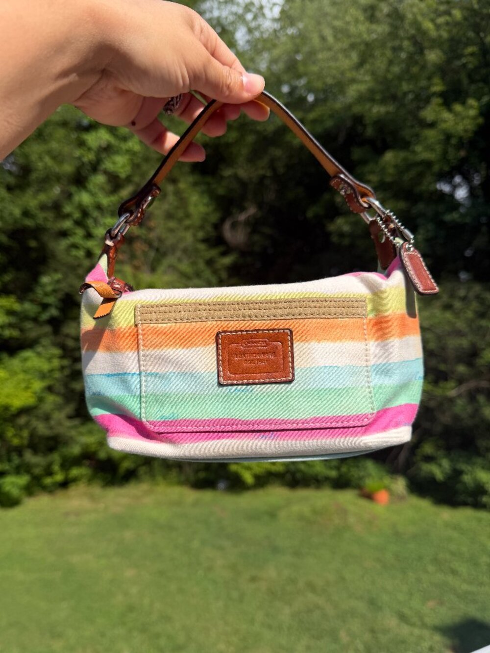 Coach Hamptons watercolor Stripe Canvas Pochette Shoulder Bag Leather Trim